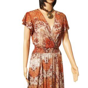 Kate & Lily Woman's Coral Red and Tan Bohemian Print Relax Maxi Long Dress SZ 10